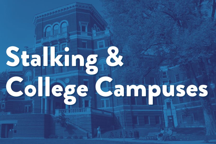 a photo of a college campus with this text superimposed: stalking & college campuses