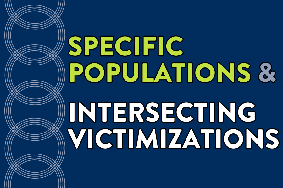 a blue rectangle with interlocking circles on the left and these words on the right: specific populations & intersecting victimizations