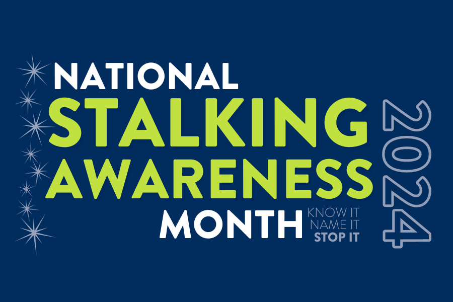 White, green, and blue words that say "National Stalking Awareness Month 2024"