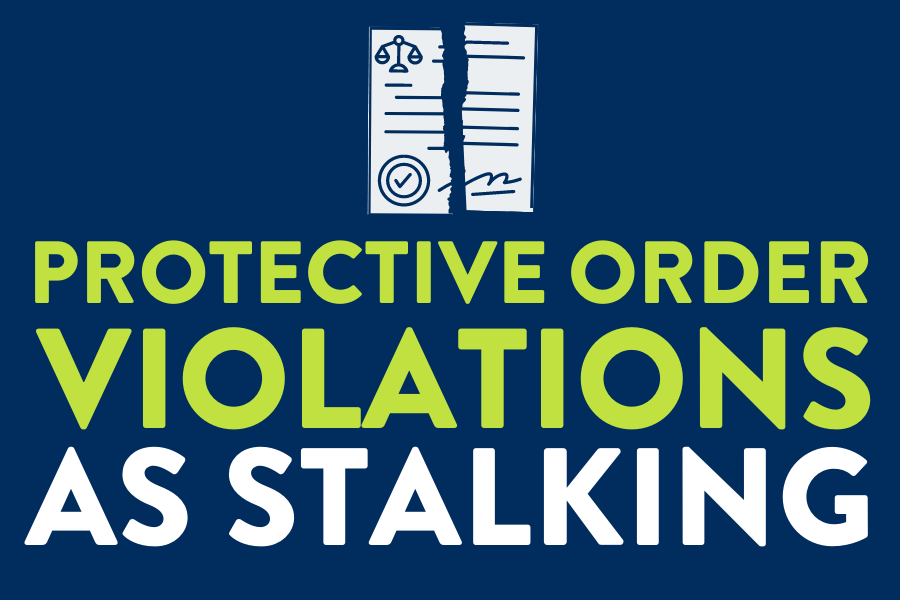 Blue background with green text that says "Protective Order Violations as Stalking"