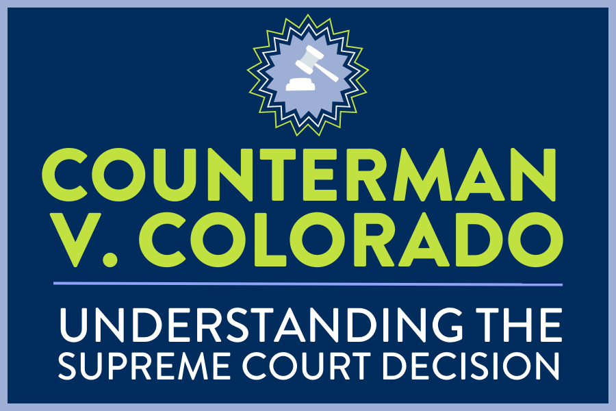 Green and white text that says: Counterman v. Colorado, Understanding the Supreme Court Decision