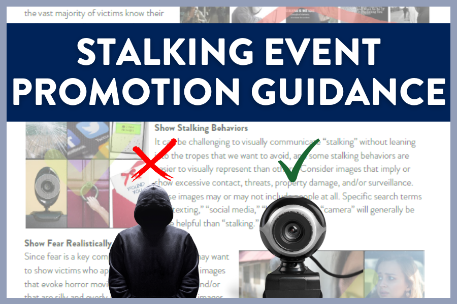Blue background with white text that says "stalking event promotion guidance"