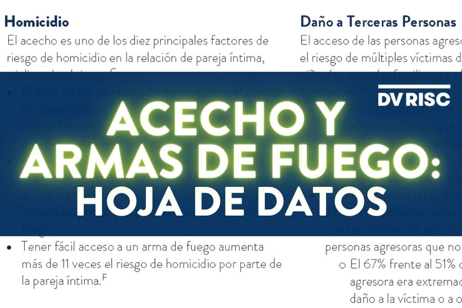Blue background with green and white text that says "acecho y armas de fuego: hoja de datos"