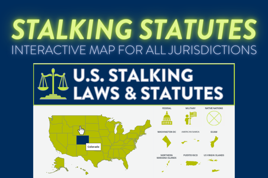 Dark blue background with the website for SPARC's stalking statutes superimposed
