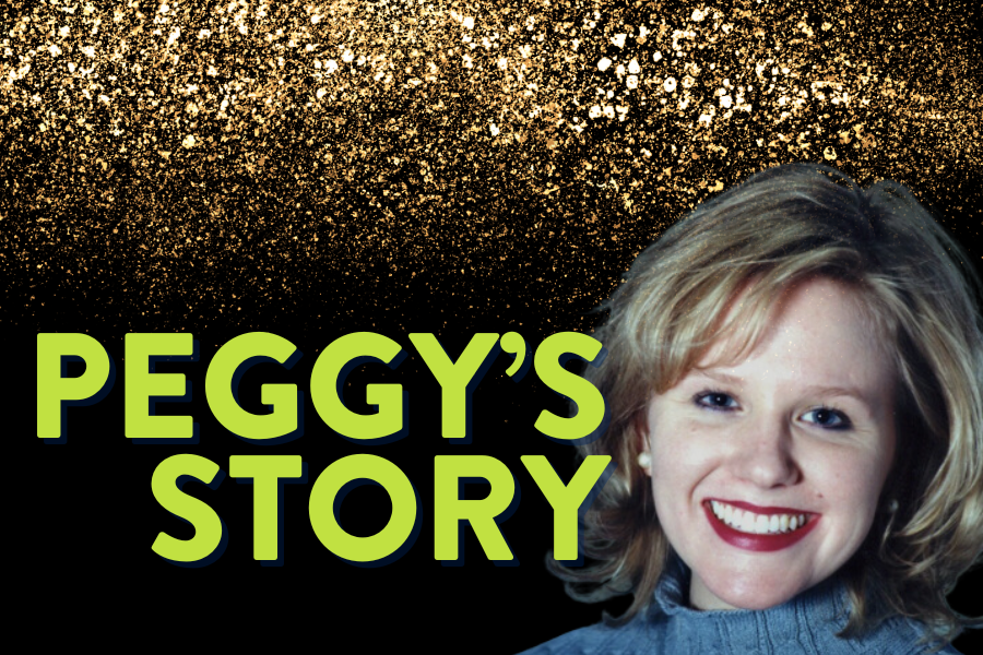 Black background with gold sparkles and green words that say "Peggy's story"